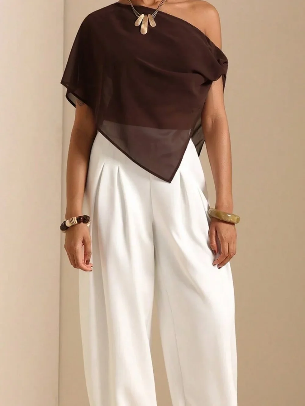 Coffee Brown Casual Women's Asymmetric Asymmetrical Shoulder Blouse